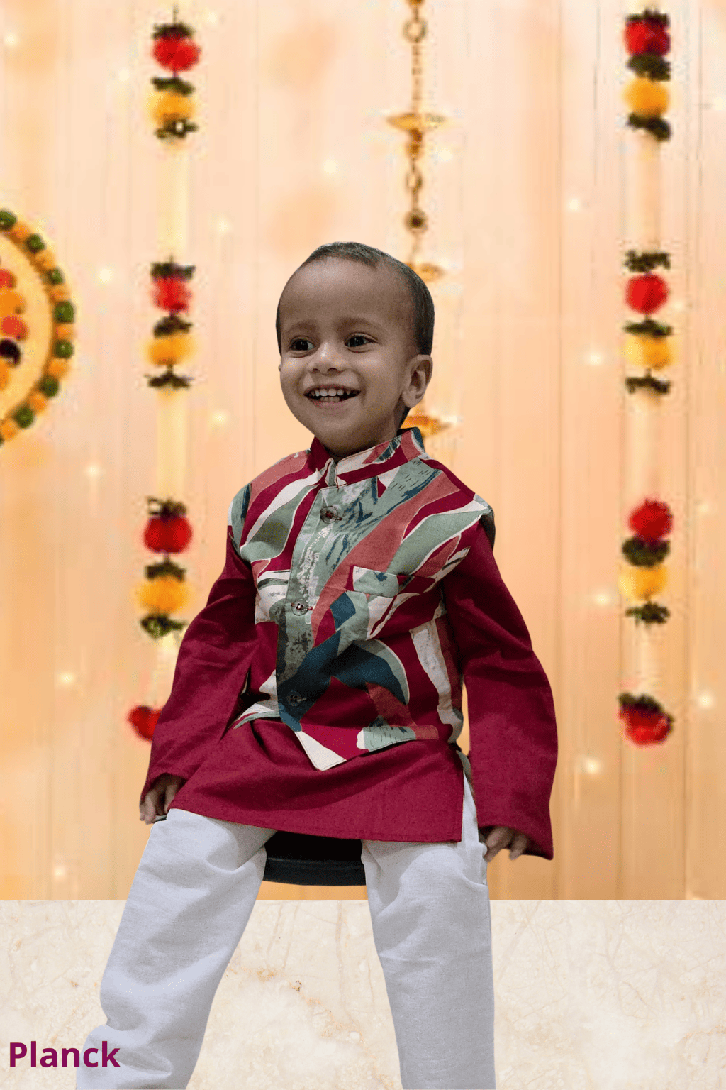 Red Abstract Print Nehru Jacket Kurta Set (1-10 Years)
