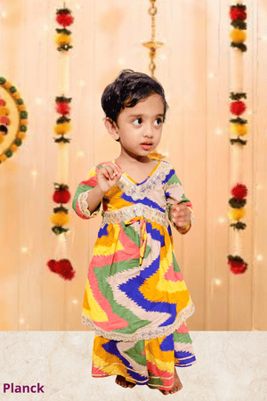Zigzag Multicolor Sharara Set with Lace – 60x60 Cotton (1–10 Years)