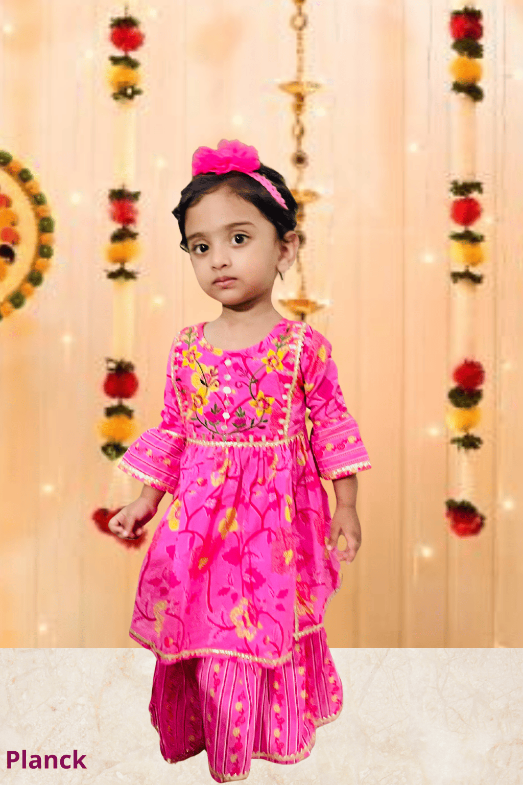 Hot Pink Floral Embroidered Kurta Sharara Set – 60x60 Cotton (1–10 Years)