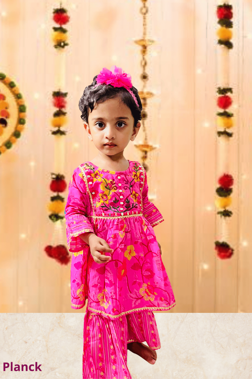 Hot Pink Floral Embroidered Kurta Sharara Set – 60x60 Cotton (1–10 Years)