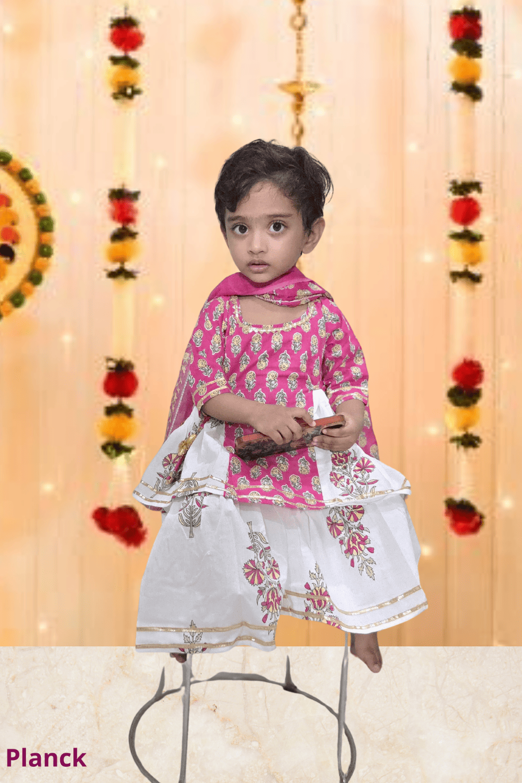Pink Mughal Print Kurta Sharara Dupatta Set – 60x60 Cotton (1–10 Years)