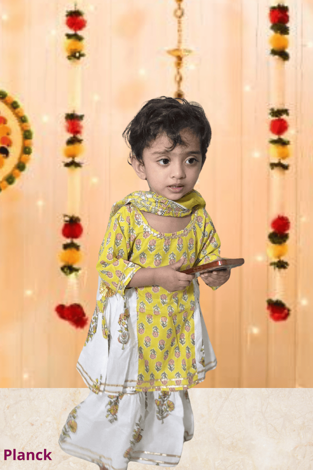 Yellow Mughal Buti Kurta Sharara Dupatta Set – 60x60 Cotton (1–10 Years)
