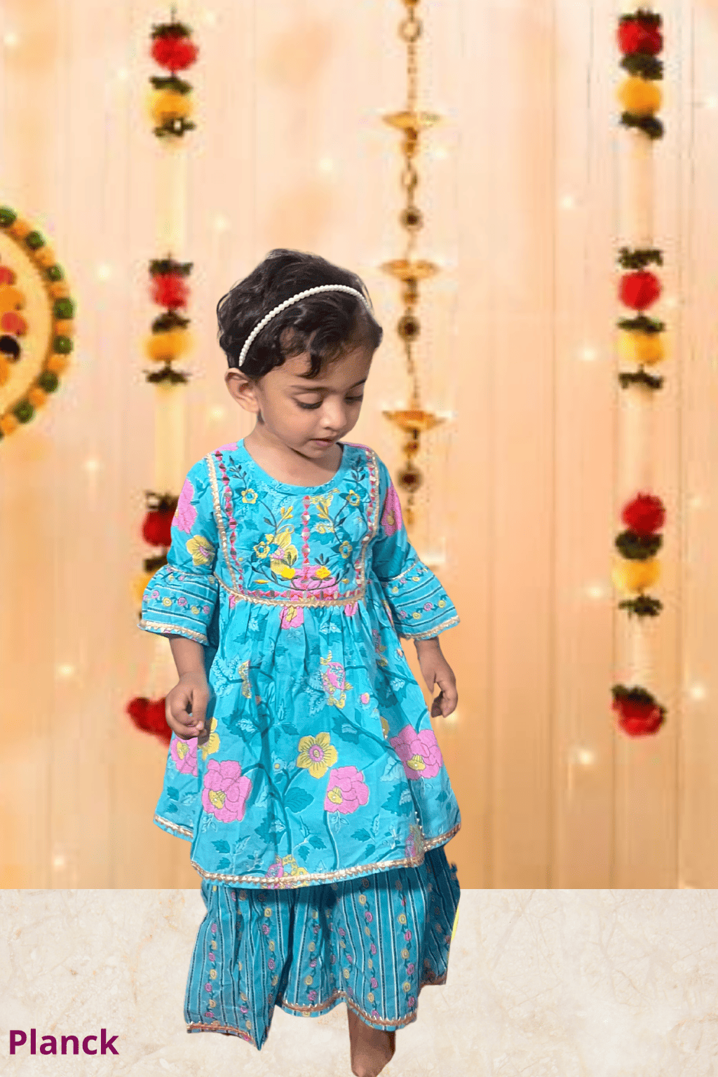 Teal Floral Embroidered Kurta Sharara Set – 60x60 Cotton (1–10 Years)