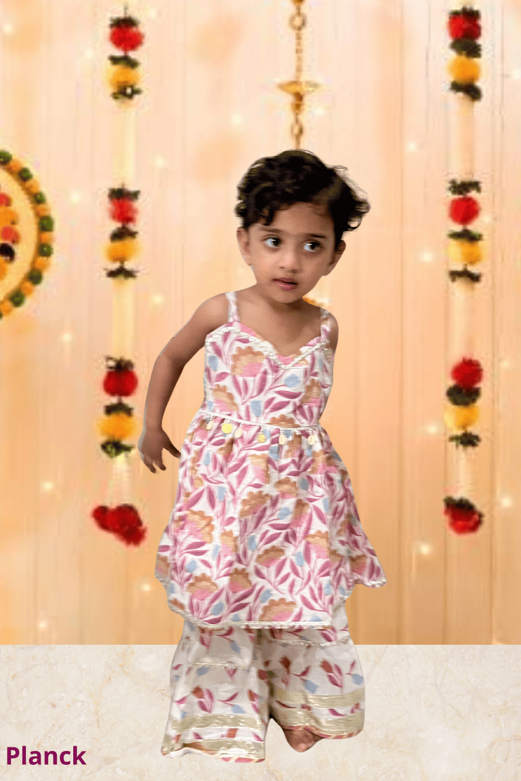 Ivory Floral Sharara Set with Coin Lace – 60x60 Cotton (1–10 Years)