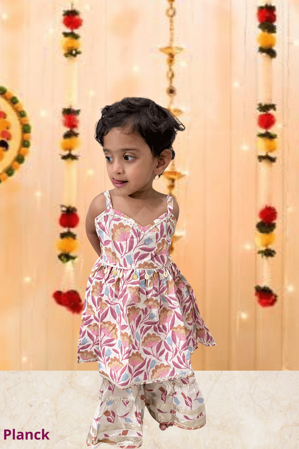 Ivory Floral Sharara Set with Coin Lace – 60x60 Cotton (1–10 Years)
