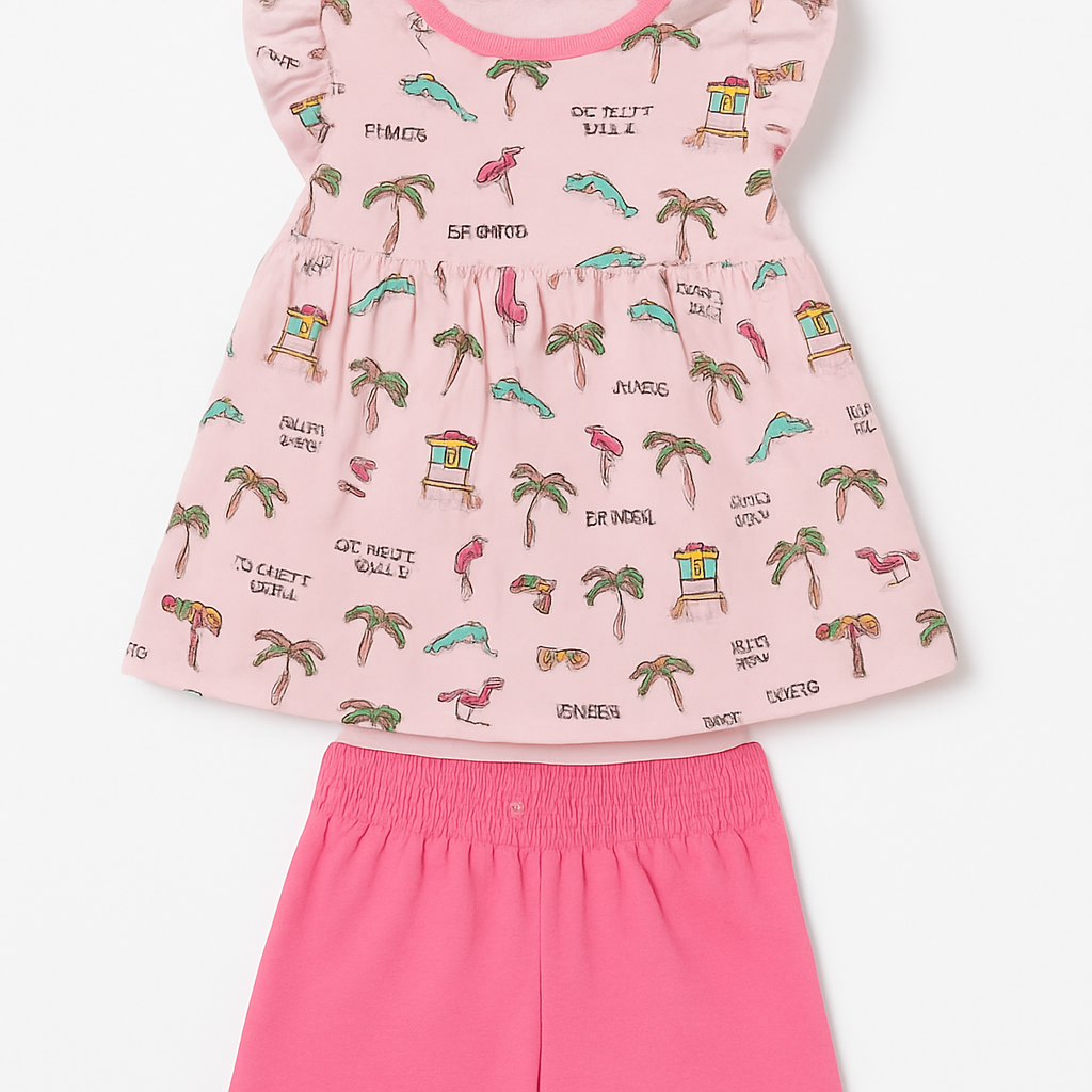 Baby Pink Cartoon Frock with Shorts Set for Girls
