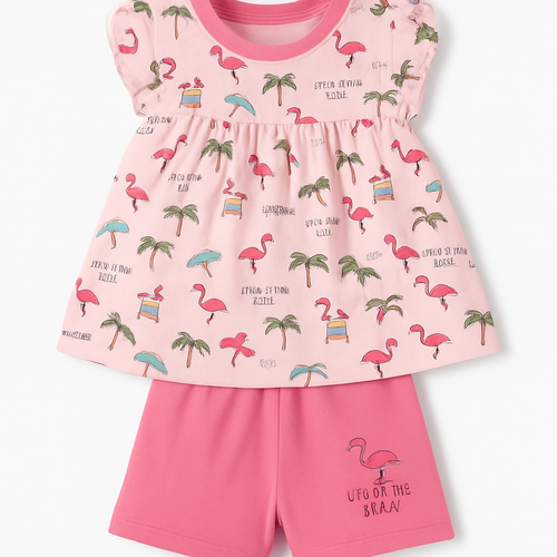Baby Pink Cartoon Frock with Shorts Set for Girls