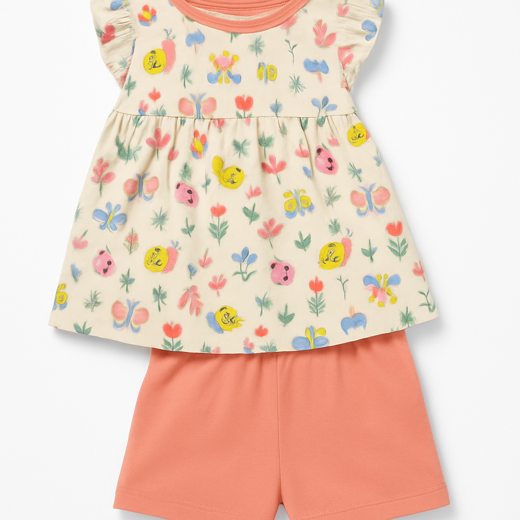 Cucumber Club Girls' Cartoon Frock with Shorts Set - Beige & Orange