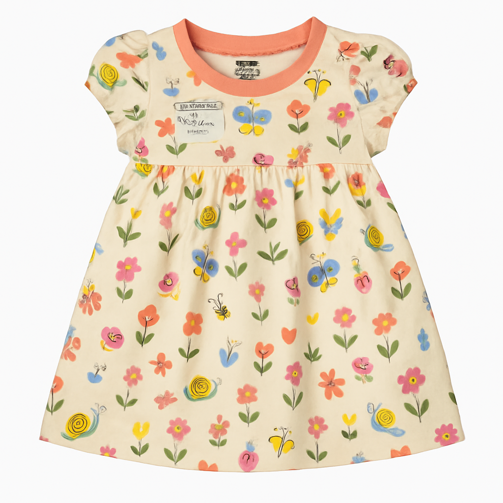 Cucumber Club Girls' Cartoon Frock with Shorts Set - Beige & Orange