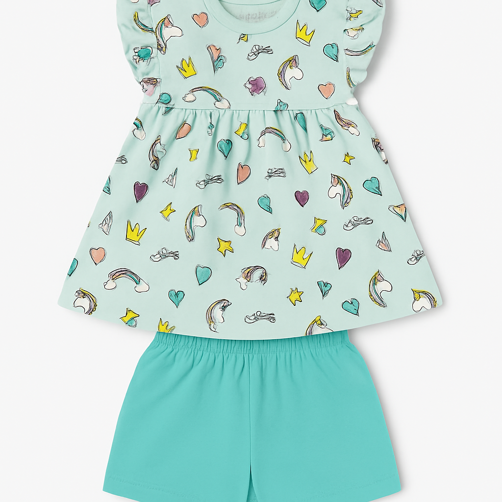 Cucumber Club Girls Cartoon Print Frock and Shorts Set - Green/Cyan