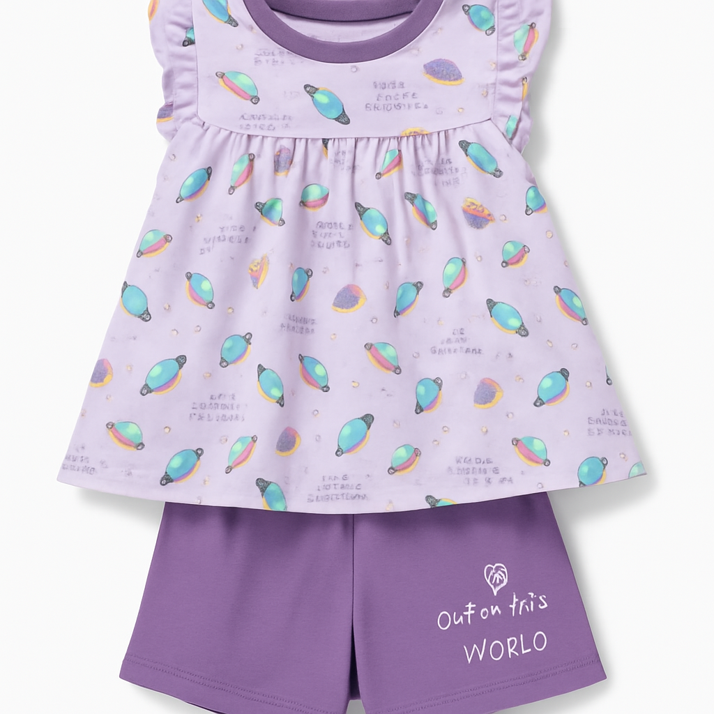 Lavender Cartoon Frock with Shorts Set for Baby Girls