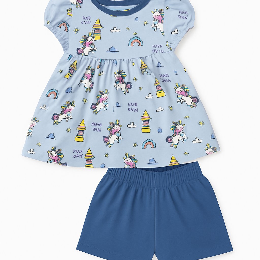 Sky Blue Cartoon Frock with Shorts for Baby Girls - Cucumber Club