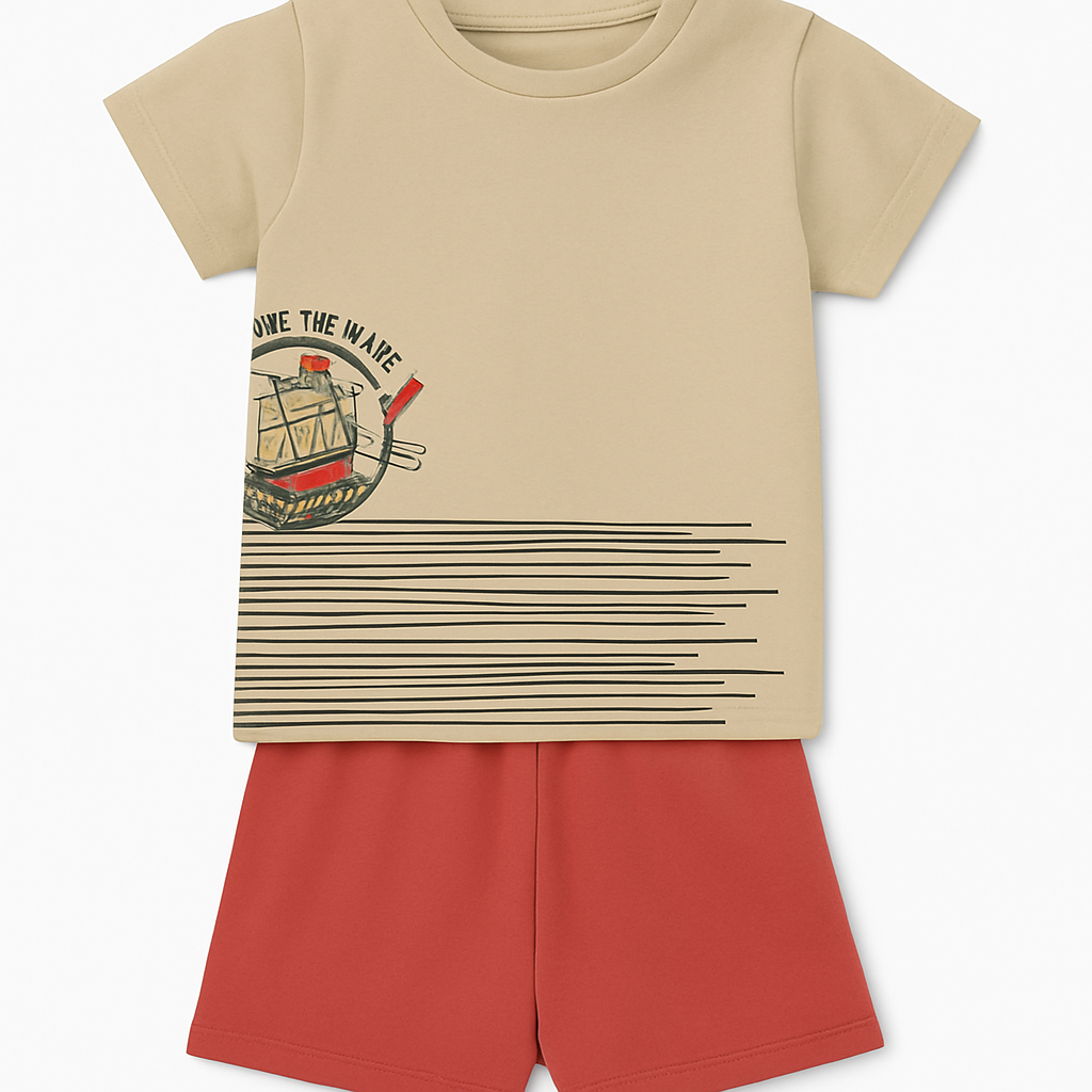 Boys' Cartoon Half Sleeve Tee & Shorts Set - Beige & Red | Cucumber Club
