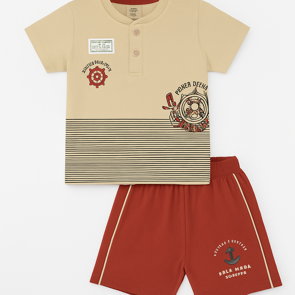 Boys' Cartoon Half Sleeve Tee & Shorts Set - Beige & Red | Cucumber Club