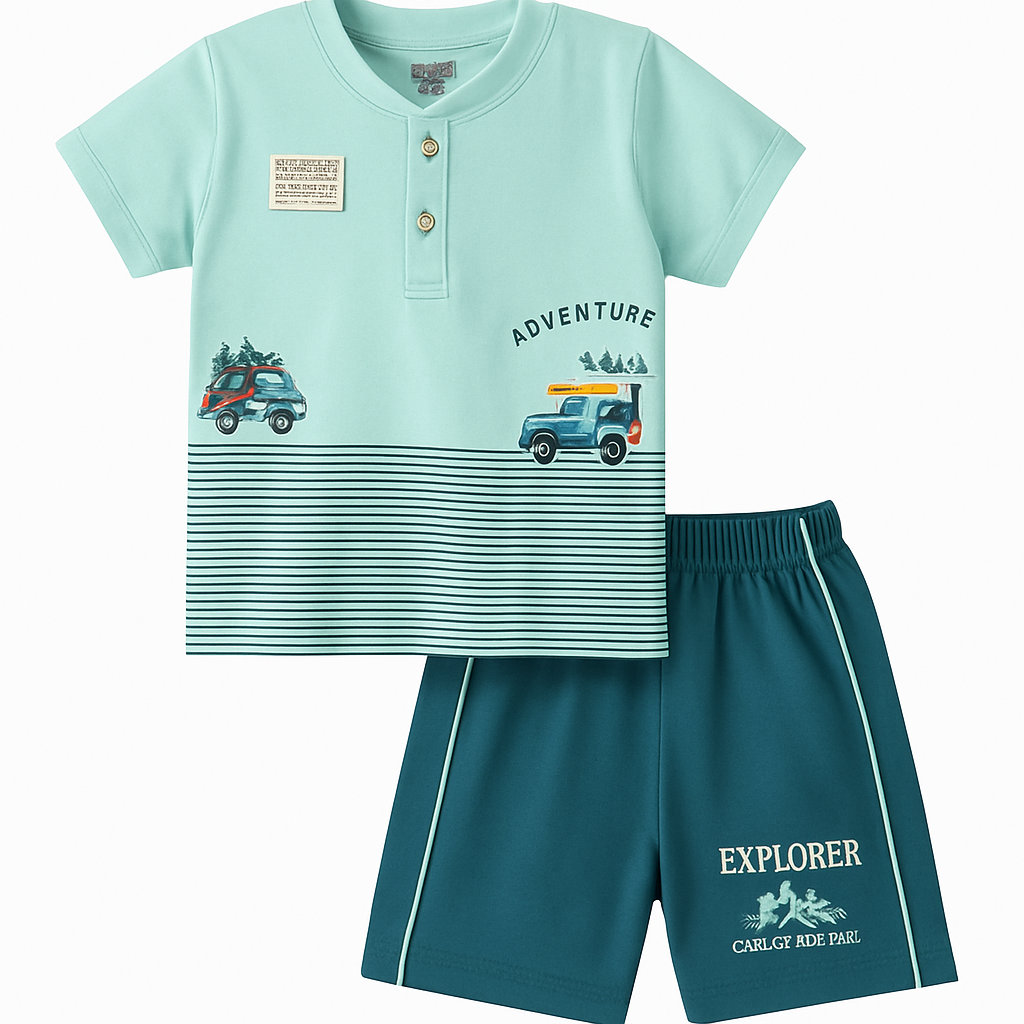 Cucumber Club Boys Cartoon Tee and Shorts Set - Dark/Light Green