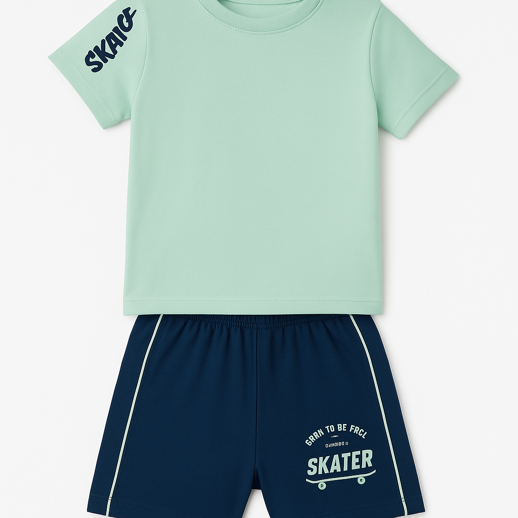 Cucumber Club Boys Freestyle Skater Tee & Shorts Set - Green Blue