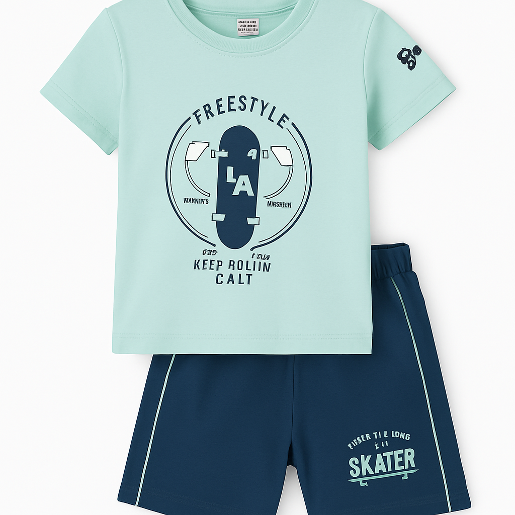 Cucumber Club Boys Freestyle Skater Tee & Shorts Set - Green Blue