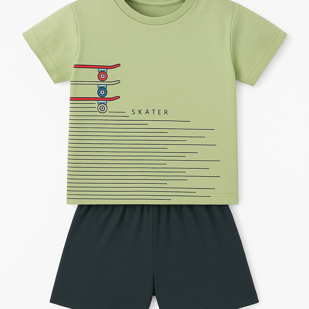 Cucumber Club Boys' Olive & Dark Green Cartoon Tee and Shorts Set