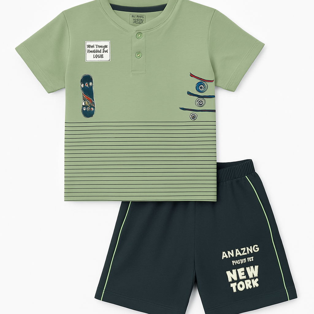 Cucumber Club Boys' Olive & Dark Green Cartoon Tee and Shorts Set