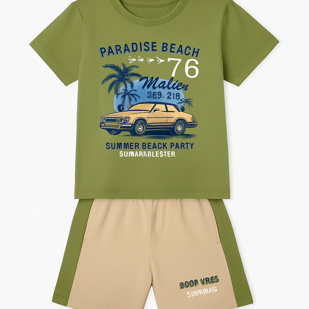 Cucumber Club Boys' Olive Cartoon Tee & Shorts Set