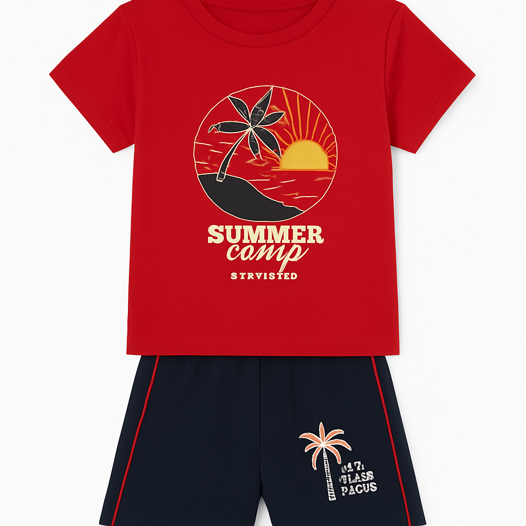 Cucumber Club Boys' Beach Print Tee and Shorts Set - Red/Black