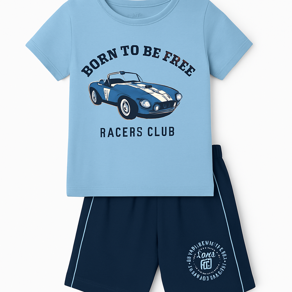 Sky Blue Car Print Baby Boys Half Sleeve Tee and Shorts Set