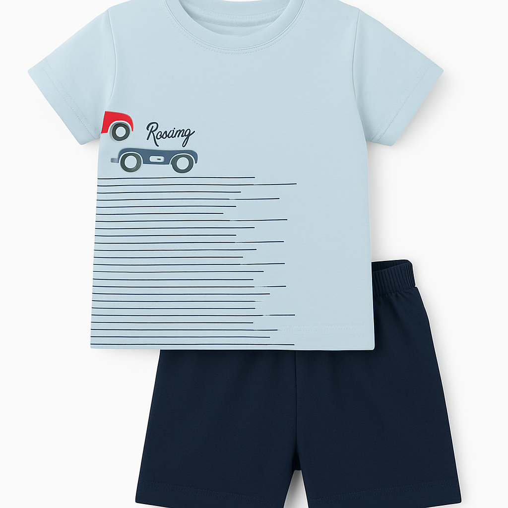 Sky Blue Cartoon Racing Tee & Shorts Set for Boys