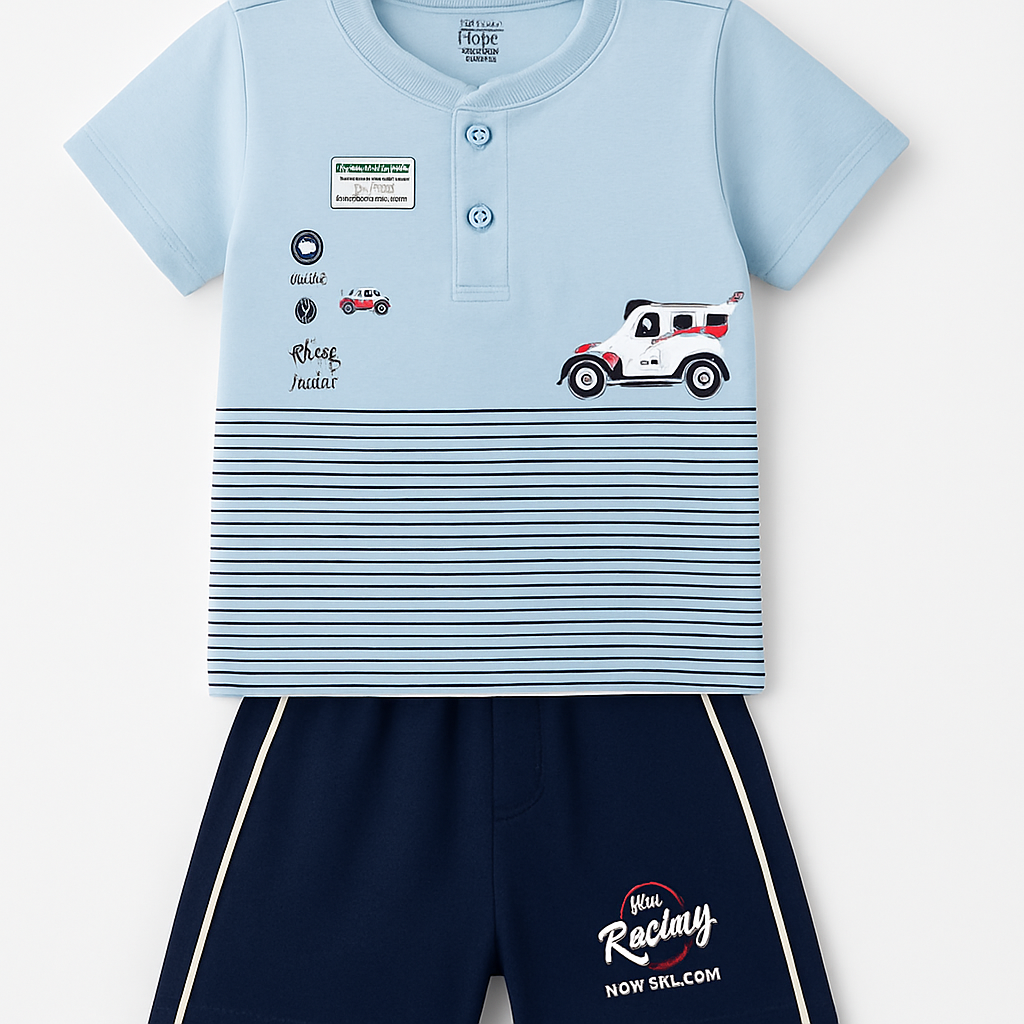 Sky Blue Cartoon Racing Tee & Shorts Set for Boys