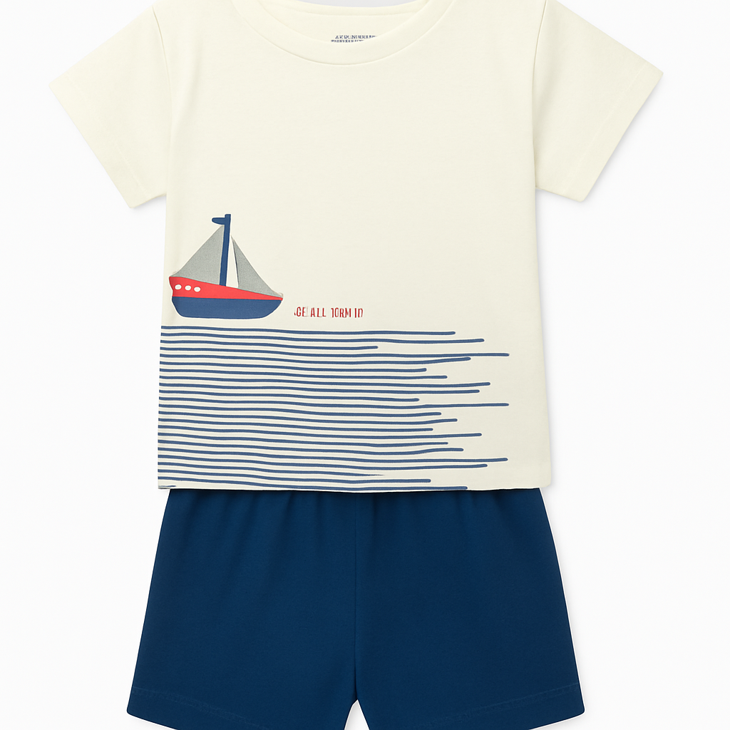 Cucumber Club Boys' Cartoon Print Tee and Shorts Set - White & Blue