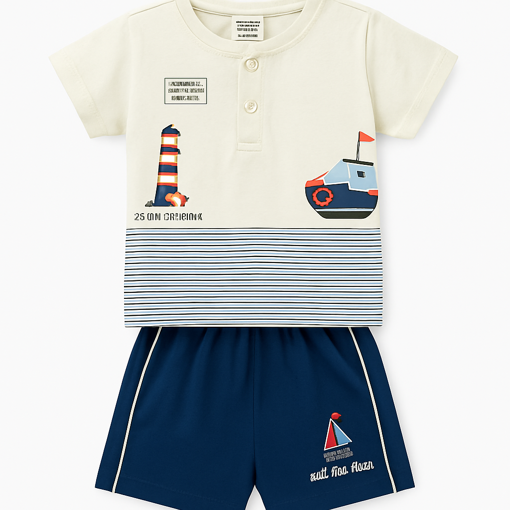 Cucumber Club Boys' Cartoon Print Tee and Shorts Set - White & Blue
