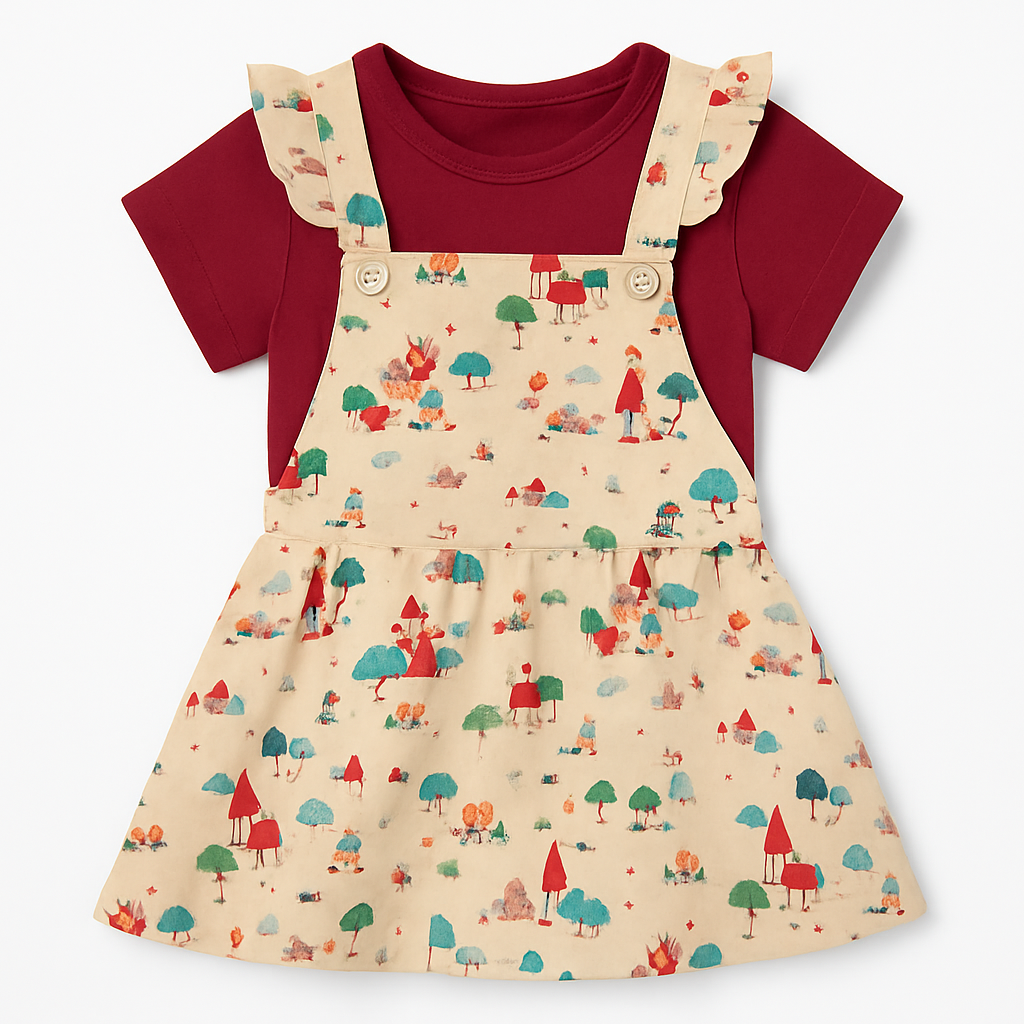 Maroon Cartoon Print Half Sleeves T-Shirt & Pinafore Set for Baby Girls