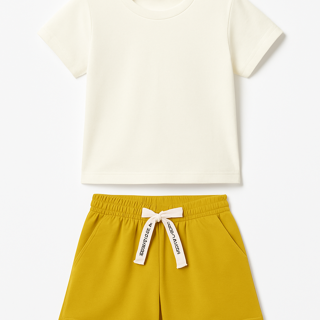 Unisex Cartoon Print Half Sleeve Tee with Shorts Set – Beige Yellow
