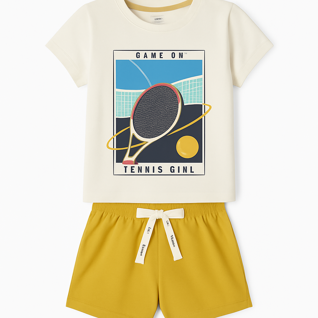 Unisex Cartoon Print Half Sleeve Tee with Shorts Set – Beige Yellow
