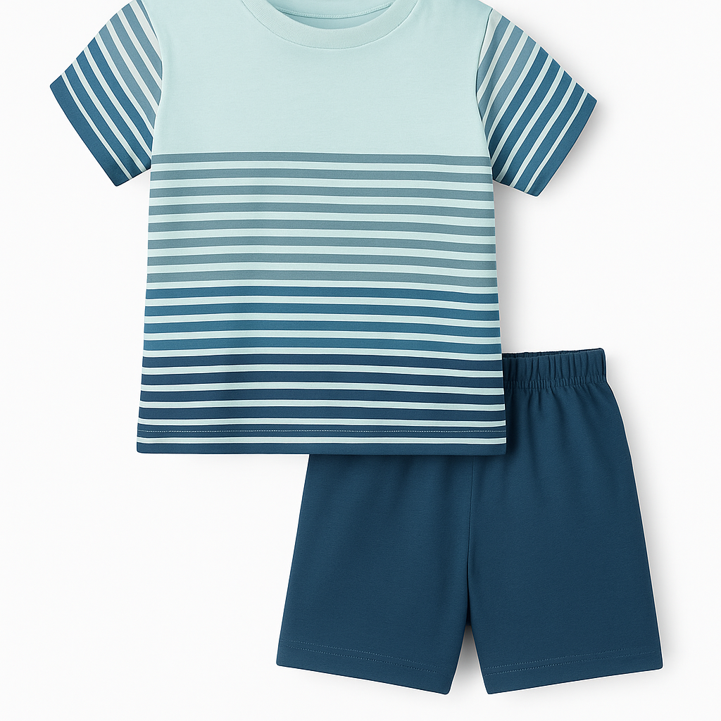 Unisex Elephant Print Baby Tee and Shorts Set - Blue