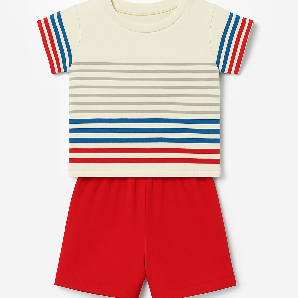 Unisex Cartoon Print Half Sleeve Tee & Shorts Set - Beige & Red