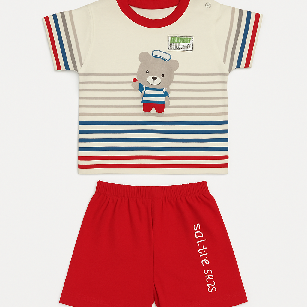 Unisex Cartoon Print Half Sleeve Tee & Shorts Set - Beige & Red