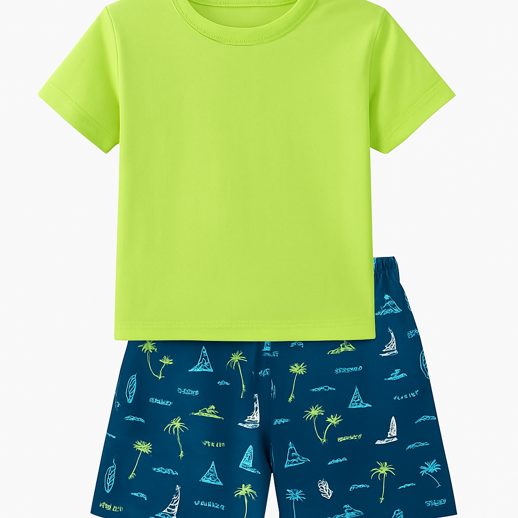 Unisex Cartoon Print Half Sleeve Tee and Shorts Set - Green/Blue