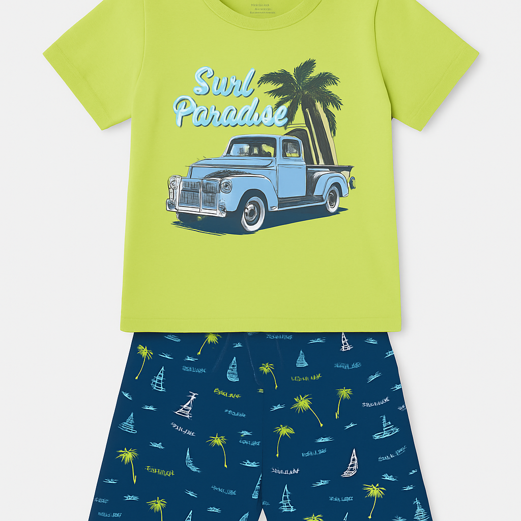 Unisex Cartoon Print Half Sleeve Tee and Shorts Set - Green/Blue