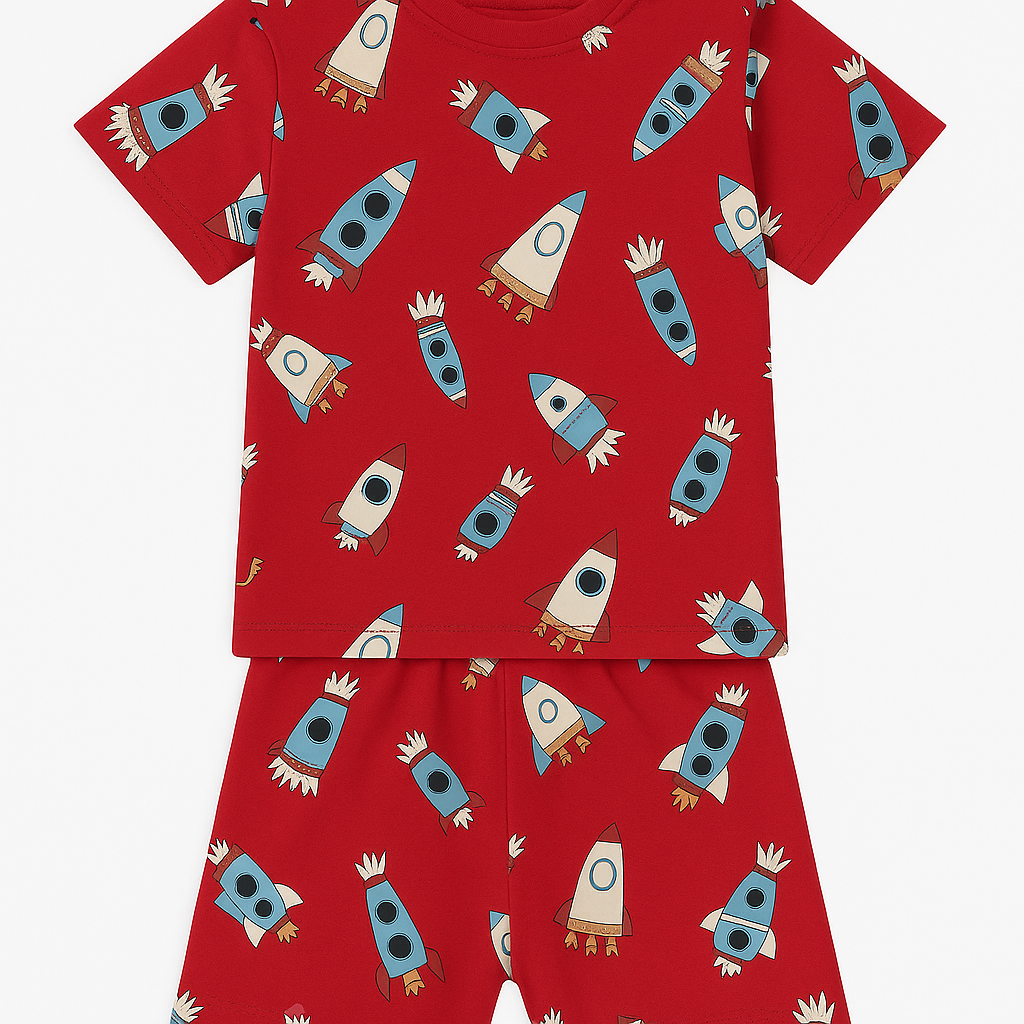Cucu Cuddles Unisex Rocket Print Red Tee & Shorts Set