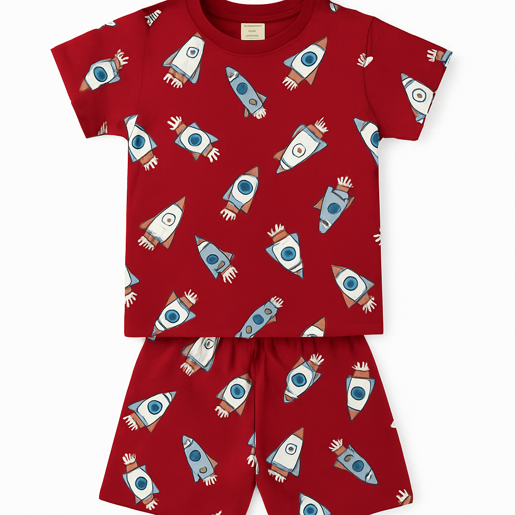 Cucu Cuddles Unisex Rocket Print Red Tee & Shorts Set
