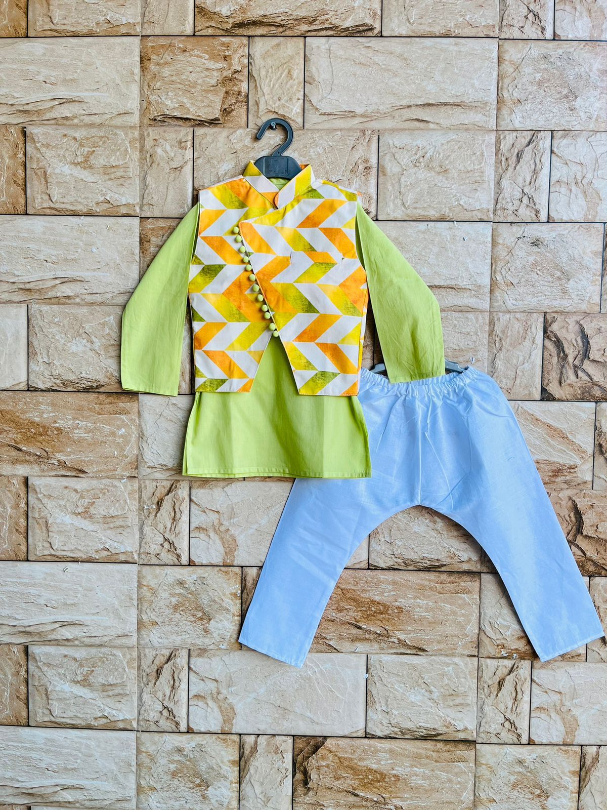 Zigzag Print Nehru Jacket Kurta Set – 60x60 Cotton (1–10 Years)