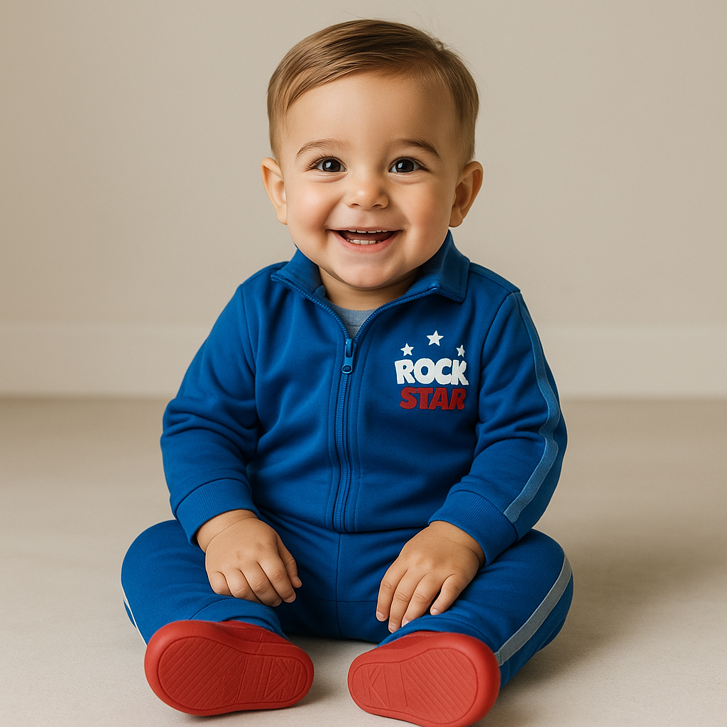 Boys Blue Track Pants with Side Stripes & Rockstar Print