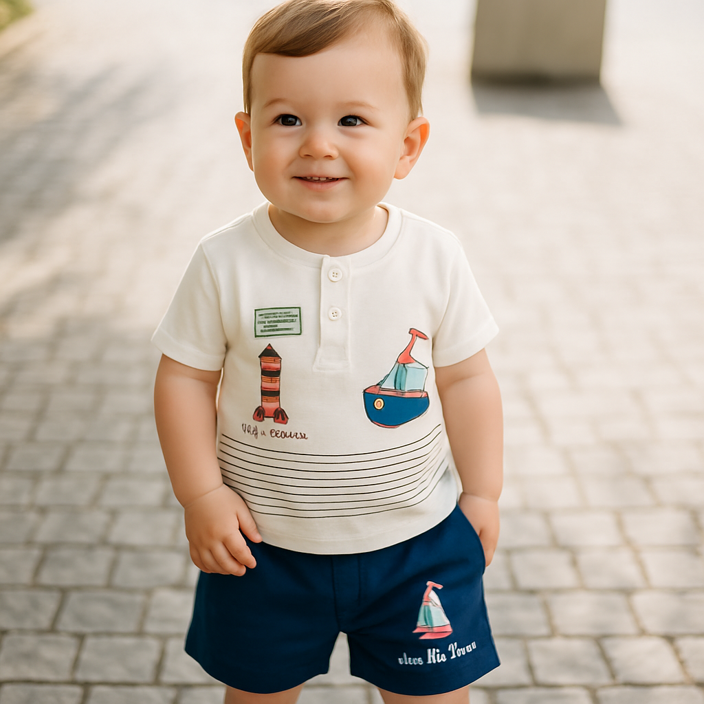 Cucumber Club Boys' Cartoon Print Tee and Shorts Set - White & Blue