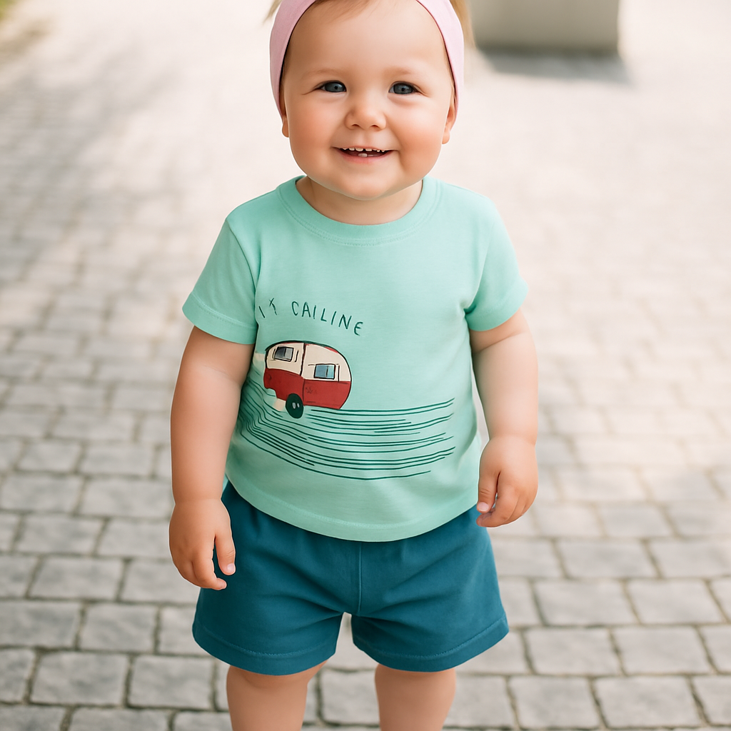 Cucumber Club Boys Cartoon Tee and Shorts Set - Dark/Light Green