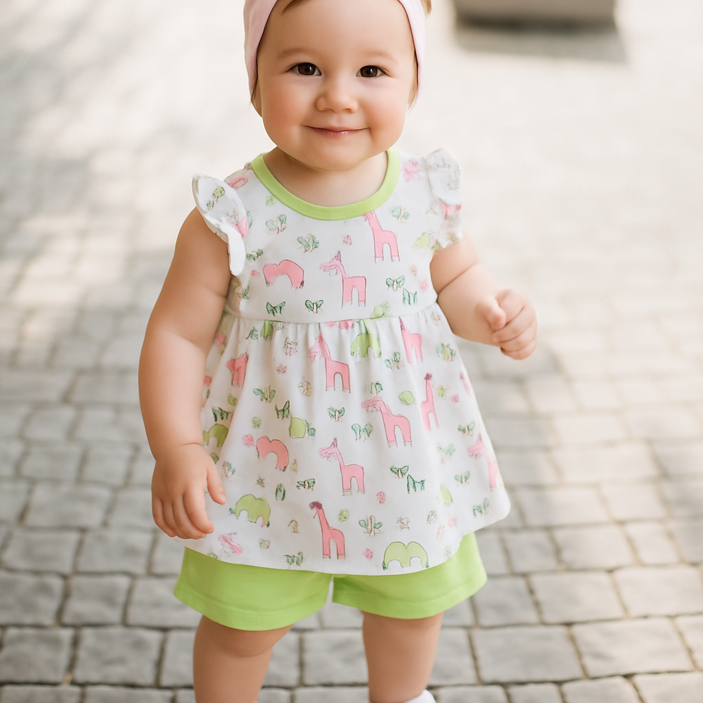 Girls' White & Green Cartoon Frock with Shorts - Cucumber Club