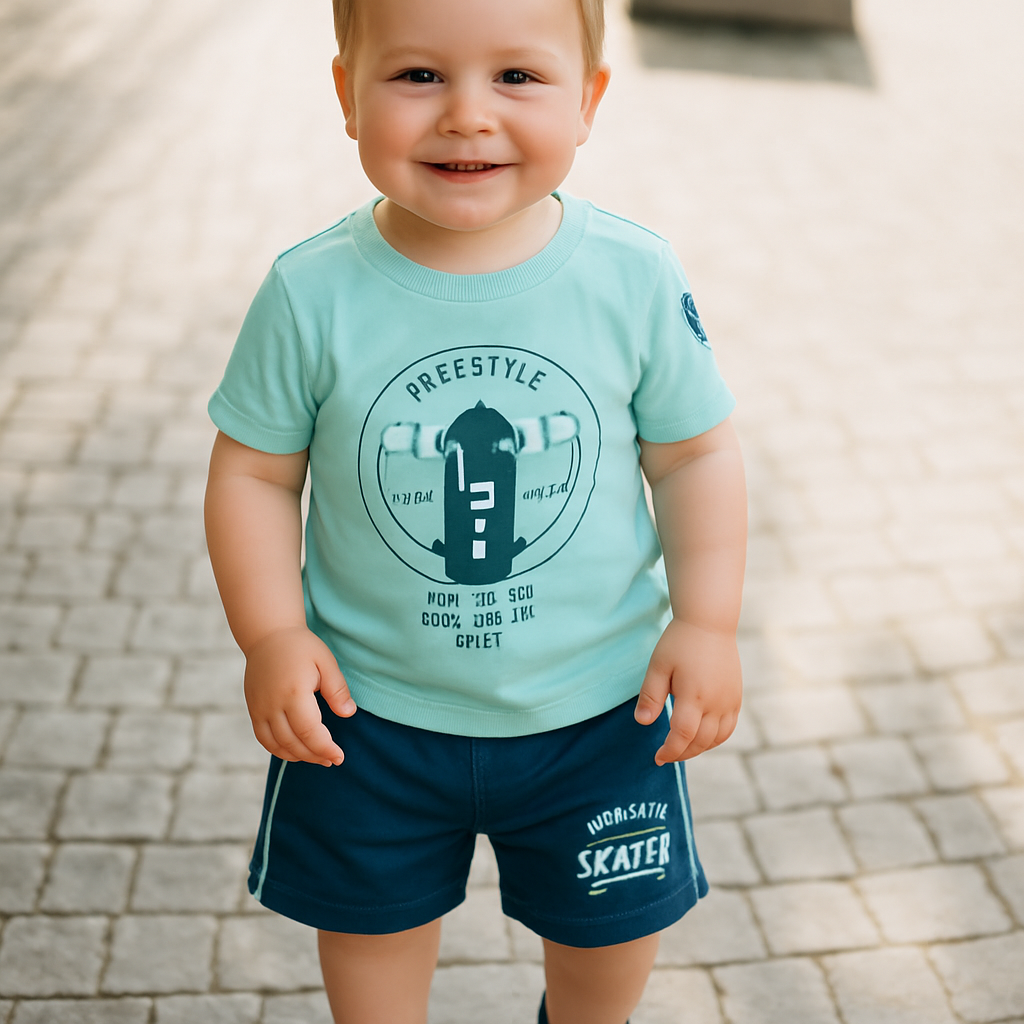 Cucumber Club Boys Freestyle Skater Tee & Shorts Set - Green Blue
