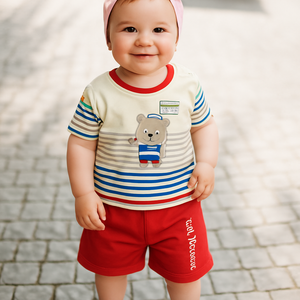 Unisex Cartoon Print Half Sleeve Tee & Shorts Set - Beige & Red