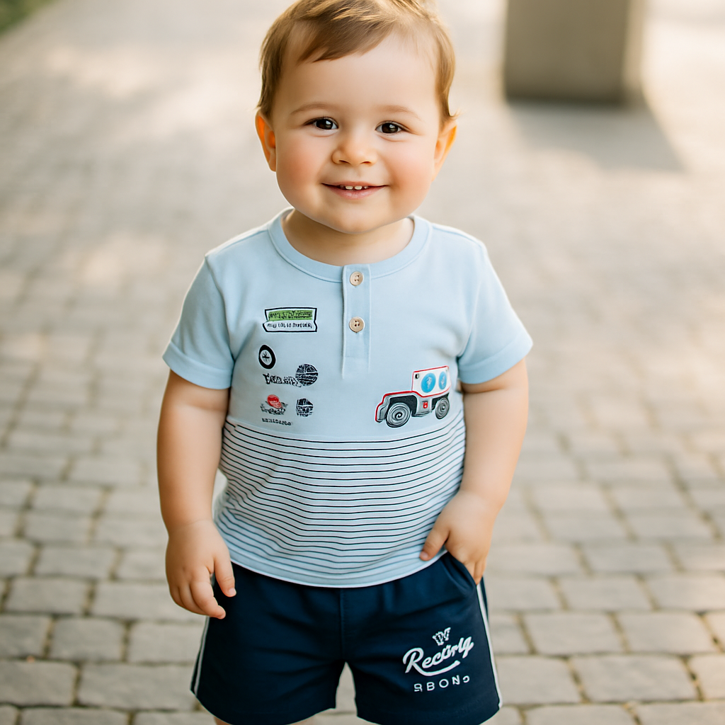 Sky Blue Cartoon Racing Tee & Shorts Set for Boys