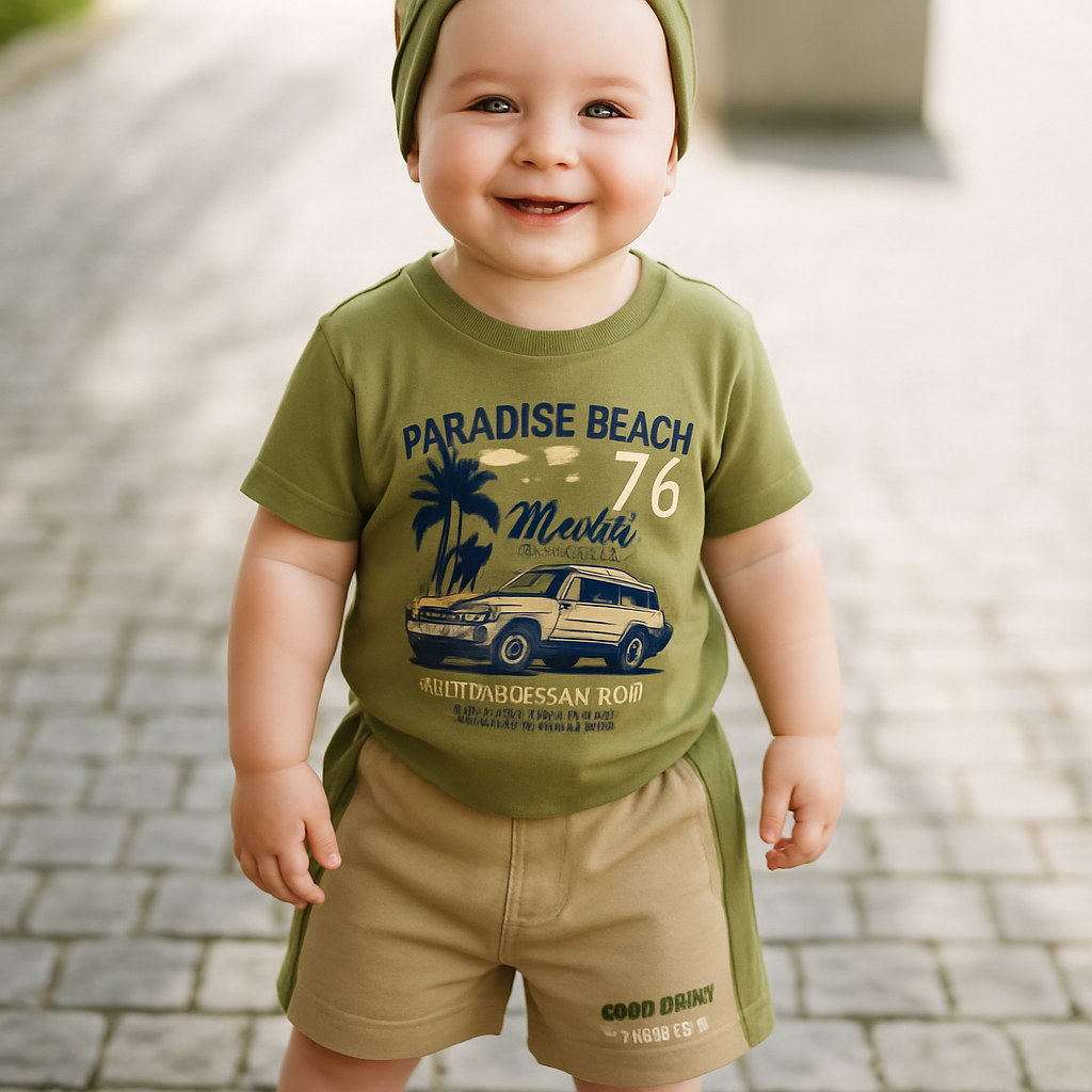 Cucumber Club Boys' Olive Cartoon Tee & Shorts Set
