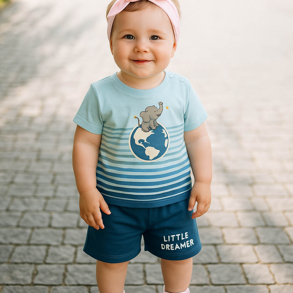 Unisex Elephant Print Baby Tee and Shorts Set - Blue